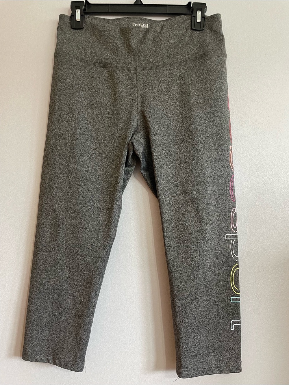 bebe Gray Cropped Logo Side-Stripe Leggings